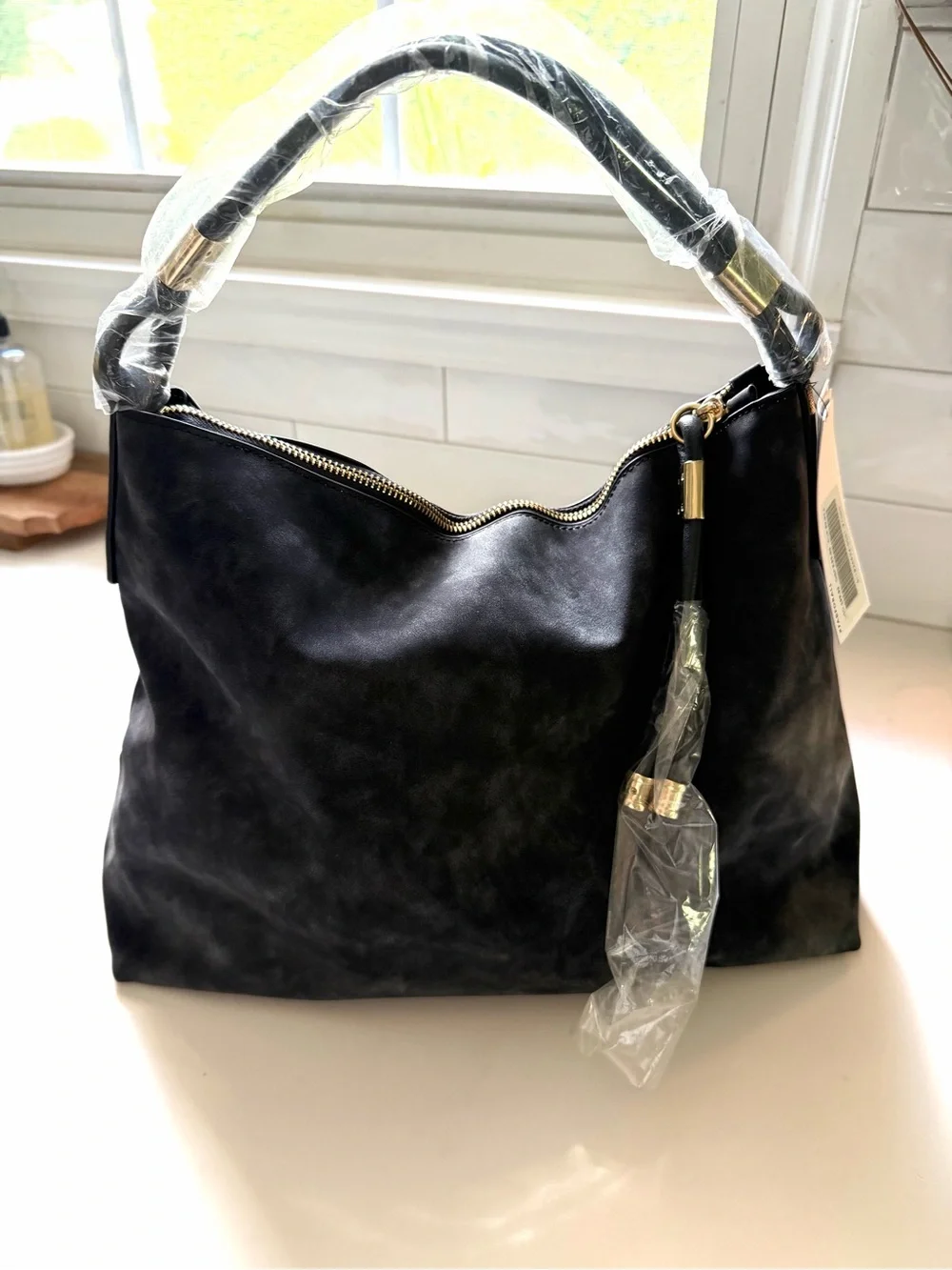JUST FAB•black slouchy suede hobo large bag NWT